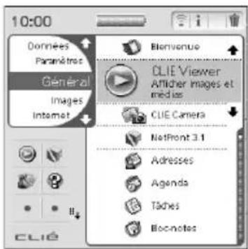 10:00 Données Paramètres Général Images Internet BIOMONUE CLIE Viewer Afficher Images et médias CLIE Camera NetFront 3.1 Adresses Agenda Tâches Bloc-notes