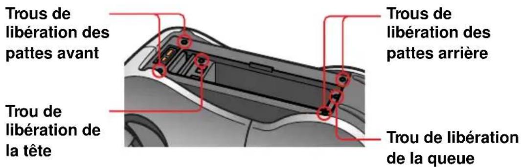 SONY ERS220 - Retirez les unités de tête, queue et pattes en insérant la goupille de libération fournie dans les trous de libération. - 1
