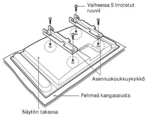 Vaiheessa 5 irrotetut ruuvit Asennuskoukkuyksikkö Pehmeä kangasalusta Näytön takaosa