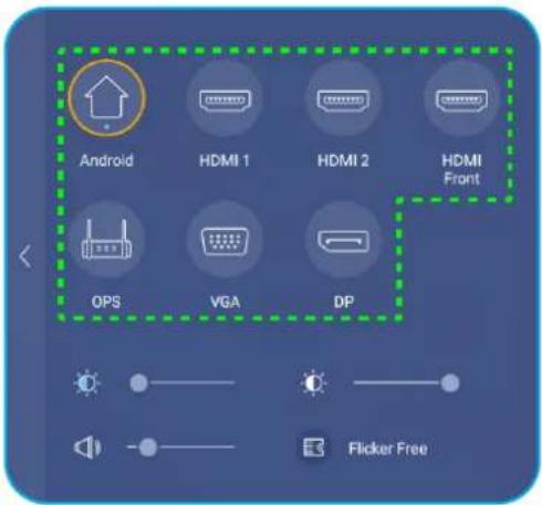 Android, HDMI 1, HDMI 2, HDMI Front, OPS, VGA, DP, Flicker Free.