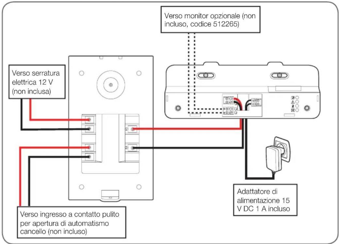 Verso serratura elettrica 12 V (non inclusa) Verso monitor opzionale (non incluso, codice 512265) Verso ingresso a contatto pulito per apertura di automatismo cancello (non incluso) Adattatore di alimentazione 15 V DC 1 A incluso