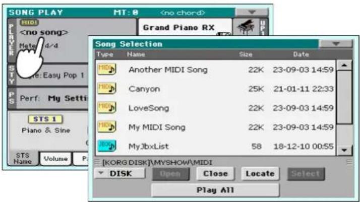 KORG PA300 - Touchez la zone du Player pour ouvrir la fenêtre "Song Select". - 1