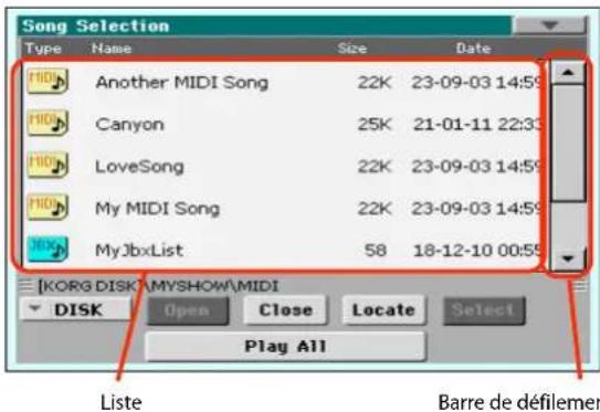 KORG PA300 - Listes et barres de défilament - 1