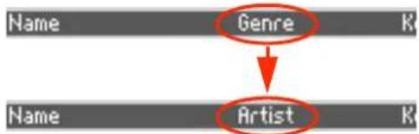 KORG PA300 - Sélectionnez "Show Artist (now Genre)" pour remplacer la colonne "Genre" par la colonne "Artist" dans la liste. La colonne "Artist" apparait. - 1