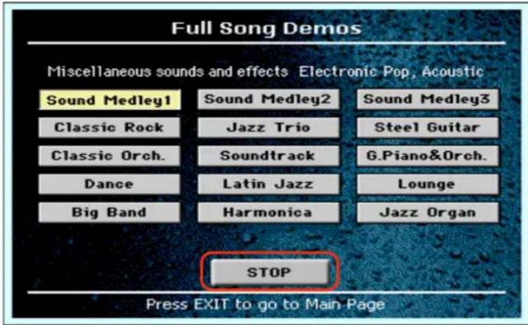 KORG PA300 - Si vous voulez écouter un morceau de démonstration particulier, Sélectionnez une des options proposées à l'écran (Full Songs, Solo Instruments, Styles). - 1