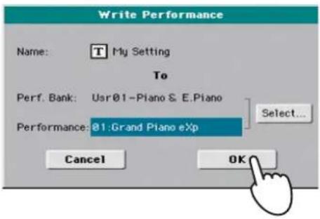 KORG PA300 - Quand vous avez changé le nom de la Performance et besoin la mémoire de destination, touchez [OK] pour sauegarder la Performance (ou [Cancel] pour annuler l'opération). - 1