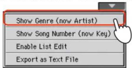KORG PA300 - Ouvrez de nouveau le menu de page et selectionnez "Show Genre (nowArtist)" (pour replacer la rubrique "Artist"). La colonne "Genre" réapparait. - 1