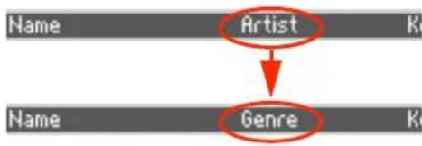 KORG PA300 - Ouvrez de nouveau le menu de page et selectionnez "Show Genre (nowArtist)" (pour replacer la rubrique "Artist"). La colonne "Genre" réapparait. - 2