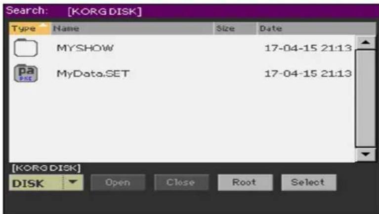 KORG PA1000 - Selectionner un support de mémoire et un dossier - 1