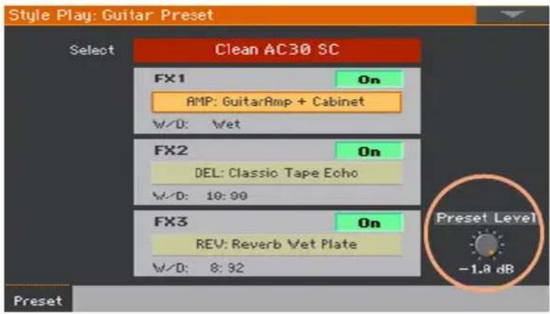 KORG PA1000 - Régler le niveau des effets de guitare à l'écran - 1
