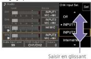 Audio Level Control CH1 INPUT1 MC -48V INPUT2 MC -48V CH1/MIC INPUT3 MC -48V CH1 Input Set Set Off • INPUT1 • INPUT2 Internal M Saisir en glissant 99 CHI/CH2 Volume 0