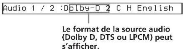 Audio 1 / 2 :Dolby-D 2 C H English Le format de la source audio (Dolby D, DTS ou LPCM) peut s'afficher.