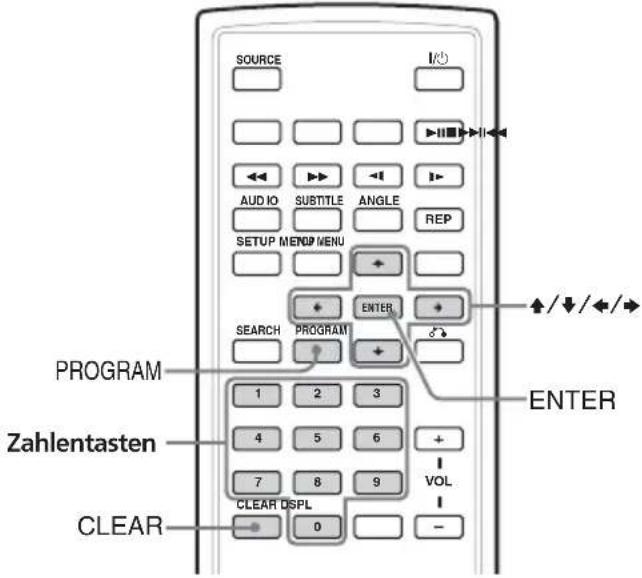 SOURCE AUDIO SUBTITLE ANGLE REP SETUP MENU SEARCH PROGRAM ENTER /↓/←/→ 1 2 3 4 5 6 + 7 8 9 VOL CLEAR 0 - Zahlentasten ENTER
