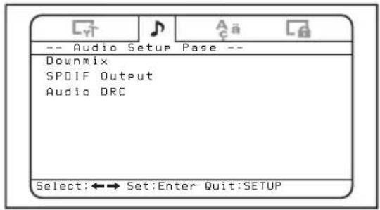 -- Audio Setup Page -- Downmix SPDIF Output Audio DRC Select:←→ Set:Enter Quit:SETUP