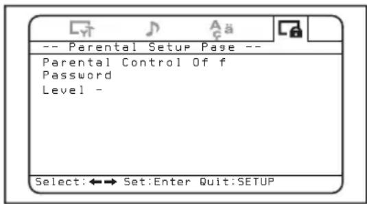 -- Parental Setup Page -- Parental Control Of f Password Level - Select:←→ Set:Enter Quit:SETUP