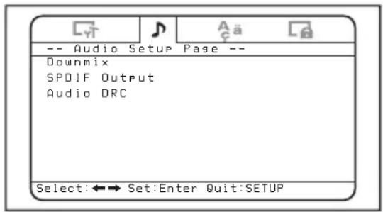 -- Audio Setup Page -- Downmix SPDIF Output Audio DRC Select:←→ Set:Enter Quit:SETUP