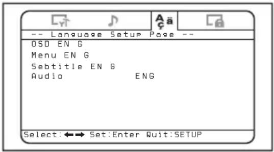 -- Language Setup Page -- OSD EN G Menu EN G Sebtitle EN G Audio ENG Select:←→ Set:Enter Quit:SETUP