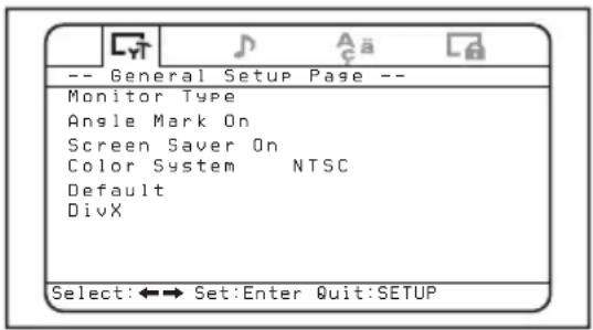 -- General Setup Page -- Monitor Type Angle Mark On Screen Saver On Color System NTSC Default DivX Select:←→ Set:Enter Quit:SETUP