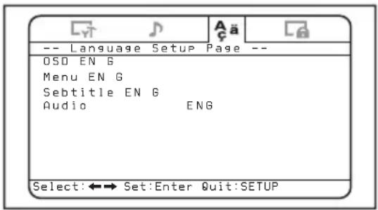 -- Language Setup Page -- OSD EN G Menu EN G Sebtitle EN G Audio ENG Select:←→ Set:Enter Quit:SETUP