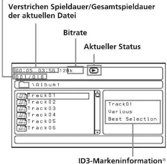 Verstrichen Spieldauer/Gesamtspieldauer der aktuellen Datei Bitrate Aktueller Status 00:05 03:56 128k 001/016 \Album1 Track01 Track02 Track03 Track04 Track05 Track06 Track01 Various Best Selection ID3-Markeninformation*