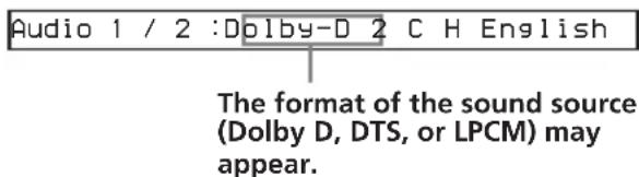 Audio 1 / 2 :Dolby-D 2 C H English The format of the sound source (Dolby D, DTS, or LPCM) may appear.