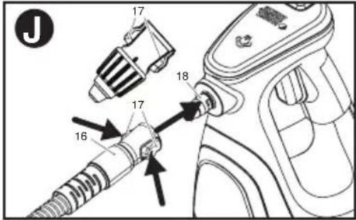 BLACK & DECKER BDH1850SM - ATTACHING THE HOSE OR VARIABLE NOZZLE - Fig. J - 1