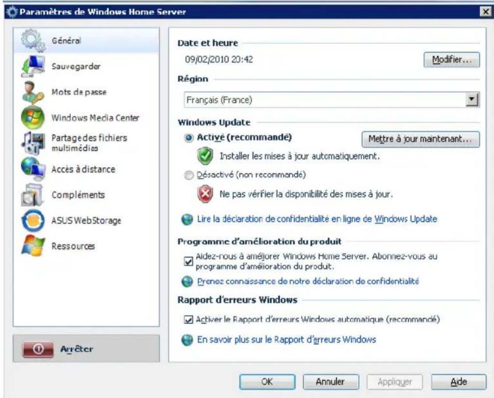 ASUS TS mini - Paramètres de Windows Home Server - 1