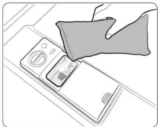 Line drawing of a hand cleaning a smartphone on a flat surface (no text or symbols)