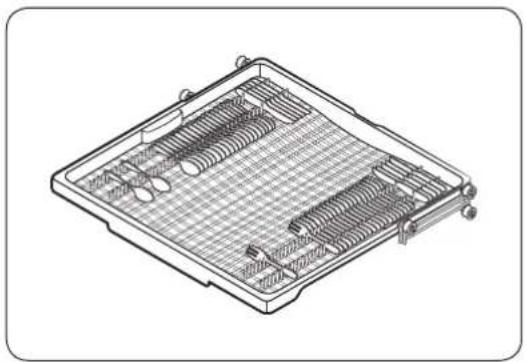 Isometric line drawing of a rectangular tray with internal grid and metal components (no text or symbols)