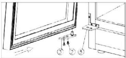 Technical diagram showing window frame installation with numbered components and directional arrow