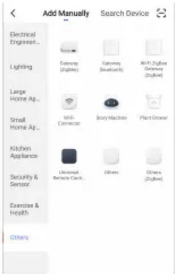 Add Manually Search Device Electrical Engine... Lighting Large Home Ap... Small Home Ap... Kitchen Appliance Security & Sensor Exercise & Health Others
