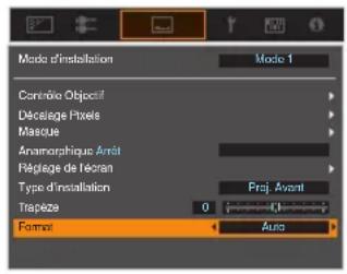 Mode d'installation Controllo Objektif Décelage Pixels Mascue Anomorphique Arrêt Répapiée de l'écran Type d'installation Trapze Format Auto