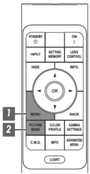 STANDBY INPUT HIDE MENU PICTURE MODE C.M.D. ON SETTING MEMORY LENS CONTROL INFO. OK BACK COLOR PROFILE GAMMA SETTINGS MPC ADVANCED MENU LIGHT 1 2