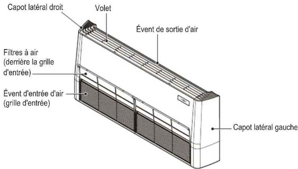 Capot latéral droit Volet Évent de sortie d'air Filtres à air (derrière la grille d'entrée) Évent d'entrée d'air (grille d'entrée) Capot latéral gauche
