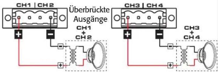 CH1 | CH2 Überbrückte Ausgänge CH1 + CH2 CH3 | CH4 CH3 + CH4