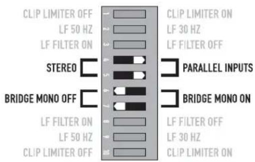 CLIP LIMITER OFF LF 50 Hz LF FILTER ON STEREO BRIDGE MONO OFF LF FILTER ON LF 50 Hz CLIP LIMITER OFF CLIP LIMITER ON LF 30 Hz LF FILTER OFF PARALLEL INPUTS BRIDGE MONO ON LF FILTER OFF LF 30 Hz CLIP LIMITER ON