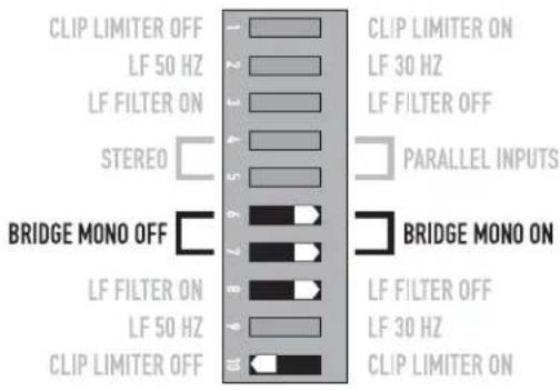 CLIP LIMITER OFF LF 50 HZ LF FILTER ON STEREO BRIDGE MONO OFF LF FILTER ON LF 50 HZ CLIP LIMITER OFF CLIP LIMITER ON LF 30 HZ LF FILTER OFF PARALLEL INPUTS BRIDGE MONO ON LF FILTER OFF LF 30 HZ CLIP LIMITER ON