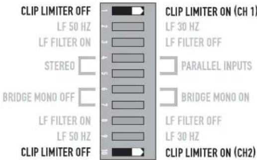 CLIP LIMITER OFF LF 50 Hz LF FILTER ON STEREO BRIDGE MONO OFF LF FILTER ON LF 50 Hz CLIP LIMITER OFF CLIP LIMITER ON (CH 1) LF 30 Hz LF FILTER OFF PARALLEL INPUTS BRIDGE MONO ON LF FILTER OFF LF 30 Hz CLIP LIMITER ON (CH2)