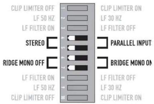 CLIP LIMITER OFF LF 50 HZ LF FILTER ON STEREO RIDGE MONO OFF LF FILTER ON LF 50 HZ CLIP LIMITER OFF CLIP LIMITER ON LF 30 HZ LF FILTER OFF PARALLEL INPUT BRIDGE MONO ON LF FILTER OFF LF 30 HZ CLIP LIMITER ON