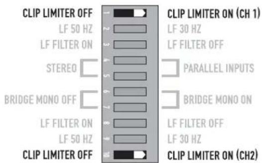 CLIP LIMITER OFF LF 50 HZ LF FILTER ON STEREO BRIDGE MONO OFF LF FILTER ON LF 50 HZ CLIP LIMITER OFF 1 2 3 4 5 6 7 8 9 10 CLIP LIMITER ON (CH 1) LF 30 HZ LF FILTER OFF PARALLEL INPUTS BRIDGE MONO ON LF FILTER OFF LF 30 HZ CLIP LIMITER ON (CH2)