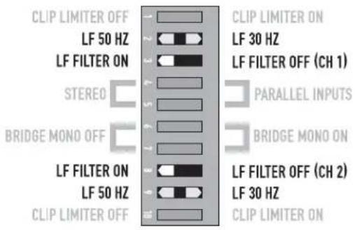 CLIP LIMITER OFF LF 50 HZ LF FILTER ON STEREO BRIDGE MONO OFF LF FILTER ON LF 50 HZ CLIP LIMITER OFF CLIP LIMITER ON LF 30 HZ LF FILTER OFF (CH 1) PARALLEL INPUTS BRIDGE MONO ON LF FILTER OFF (CH 2) LF 30 HZ CLIP LIMITER ON