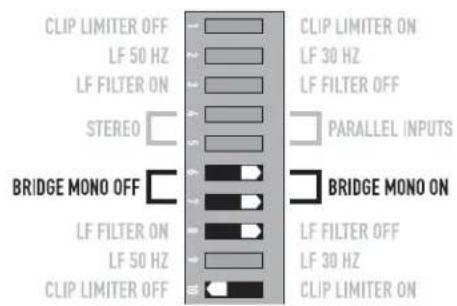 CLIP LIMITER OFF LF 50 Hz LF FILTER ON STEREO BRIDGE MONO OFF LF FILTER ON LF 50 Hz CLIP LIMITER OFF CLIP LIMITER ON LF 30 Hz LF FILTER OFF PARALLEL INPUTS BRIDGE MONO ON LF FILTER OFF LF 30 Hz CLIP LIMITER ON