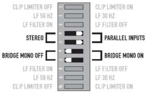 CLIP LIMITER OFF LF 50 Hz LF FILTER ON STEREO BRIDGE MONO OFF LF FILTER ON LF 50 Hz CLIP LIMITER OFF CLIP LIMITER ON LF 30 Hz LF FILTER OFF PARALLEL INPUTS BRIDGE MONO ON LF FILTER OFF LF 30 Hz CLIP LIMITER ON