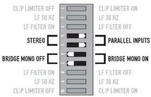 CLIP LIMITER OFF LF 50 HZ LF FILTER ON STEREO BRIDGE MONO OFF LF FILTER ON LF 50 HZ CLIP LIMITER OFF CLIP LIMITER ON LF 30 HZ LF FILTER OFF PARALLEL INPUTS BRIDGE MONO ON LF FILTER OFF LF 30 HZ CLIP LIMITER ON