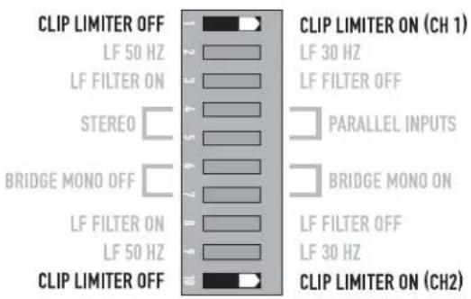 CLIP LIMITER OFF LF 50 Hz LF FILTER ON STEREO BRIDGE MONO OFF LF FILTER ON LF 50 Hz CLIP LIMITER OFF CLIP LIMITER ON (CH 1) LF 30 Hz LF FILTER OFF PARALLEL INPUTS BRIDGE MONO ON LF FILTER OFF LF 30 Hz CLIP LIMITER ON (CH2)