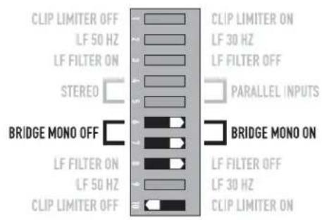 CLIP LIMITER OFF LF 50 HZ LF FILTER ON STEREO BRIDGE MONO OFF LF FILTER ON LF 50 HZ CLIP LIMITER OFF CLIP LIMITER ON LF 30 HZ LF FILTER OFF PARALLEL INPUTS BRIDGE MONO ON LF FILTER OFF LF 30 HZ CLIP LIMITER ON