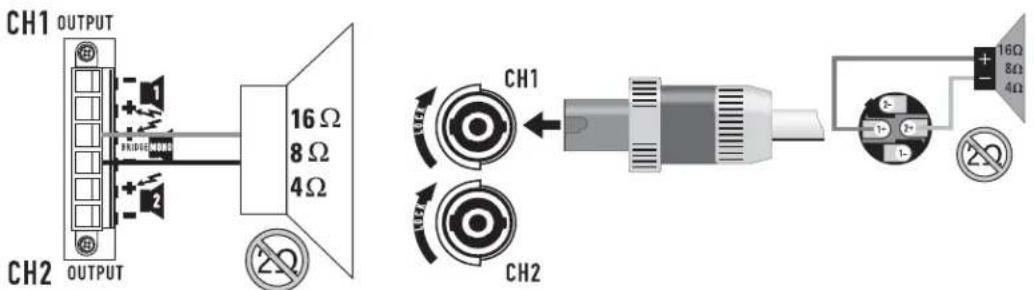 CH1 OUTPUT 16 Ω 8 Ω 4 Ω CH2 OUTPUT CH1 CH2 16Ω 8Ω 4Ω