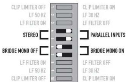 CLIP LIMITER OFF LF 50 Hz LF FILTER ON STEREO BRIDGE MONO OFF LF FILTER ON LF 50 Hz CLIP LIMITER OFF CLIP LIMITER ON LF 30 Hz LF FILTER OFF PARALLEL INPUTS BRIDGE MONO ON LF FILTER OFF LF 30 Hz CLIP LIMITER ON