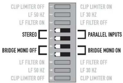 CLIP LIMITER OFF LF 50 HZ LF FILTER ON STEREO BRIDGE MONO OFF LF FILTER ON LF 50 HZ CLIP LIMITER OFF CLIP LIMITER ON LF 30 HZ LF FILTER OFF PARALLEL INPUTS BRIDGE MONO ON LF FILTER OFF LF 30 HZ CLIP LIMITER ON