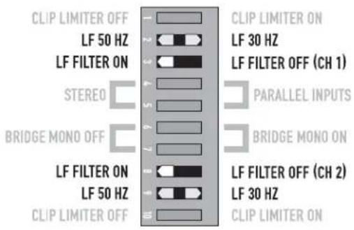 CLIP LIMITER OFF LF 50 HZ LF FILTER ON STEREO BRIDGE MONO OFF LF FILTER ON LF 50 HZ CLIP LIMITER OFF CLIP LIMITER ON LF 30 HZ LF FILTER OFF (CH 1) PARALLEL INPUTS BRIDGE MONO ON LF FILTER OFF (CH 2) LF 30 HZ CLIP LIMITER ON